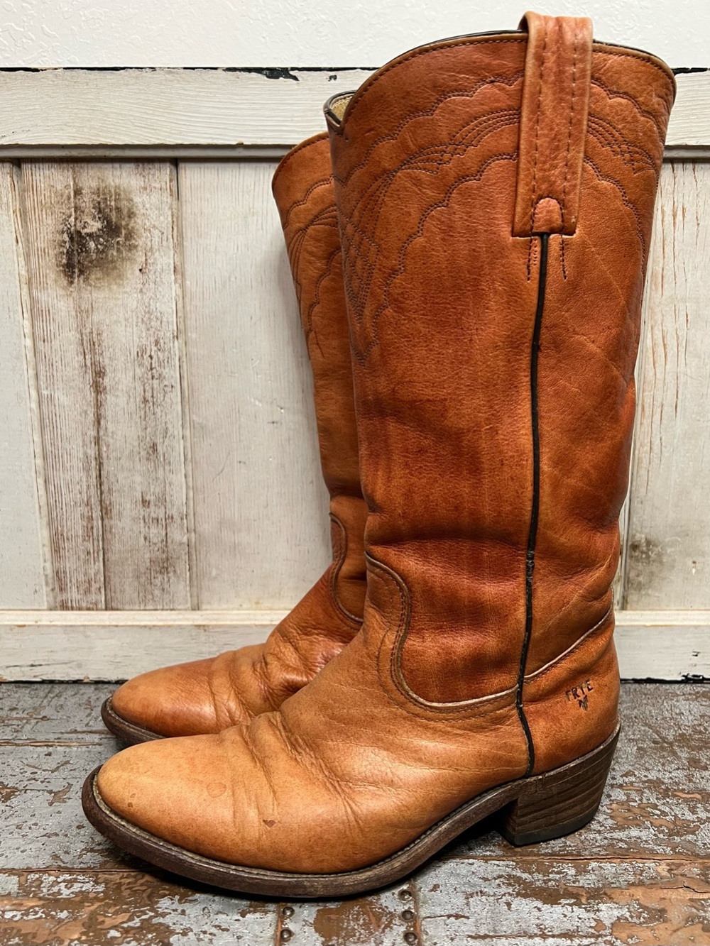 Vintage Frye Cognac Leather Distressed Tall Cowboy Western Boots